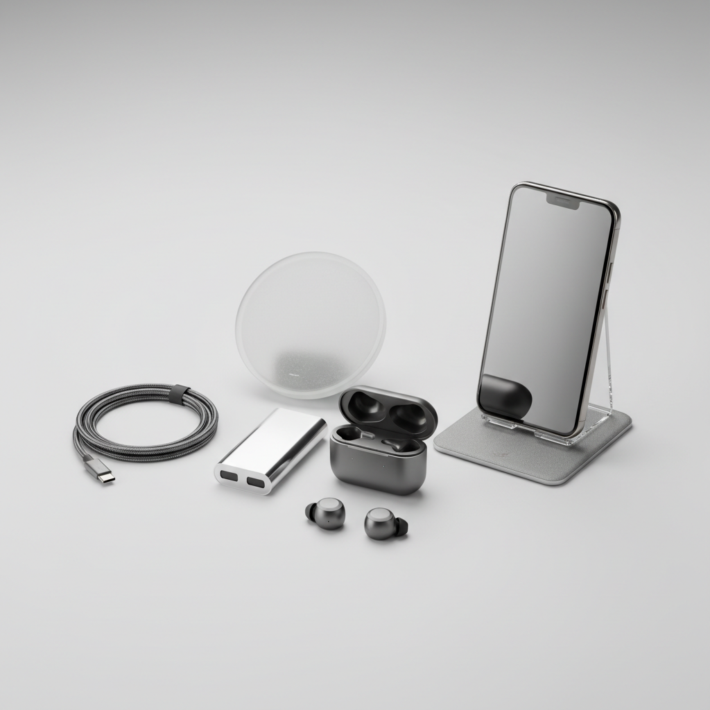 “A clean, modern product composition showing premium electronic gadgets like wireless earbuds, phone accessories, smart devices on a light background. Minimal, centered, studio lighting, no text, square format, e-commerce category image, luxury tech brand look.”