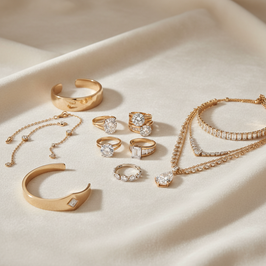 “A luxury jewelry composition showing rings, bracelets and necklaces placed beautifully on a soft neutral background. Elegant lighting, minimal, no text, square format, high-end e-commerce category image.”