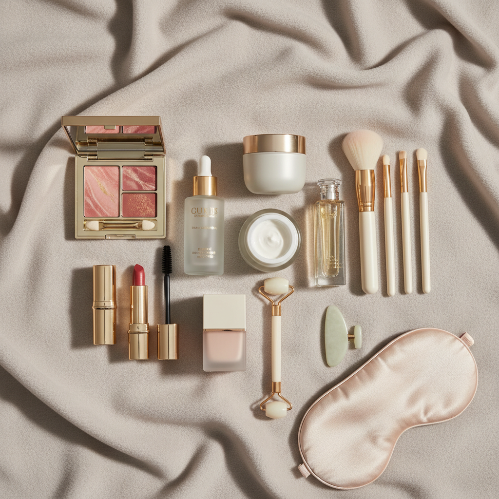 “A premium beauty products flat-lay featuring skincare, makeup, and cosmetic items arranged neatly on a soft neutral background. Elegant, clean, luxury brand style, soft lighting, no text, square format, perfect for an international e-commerce store.”