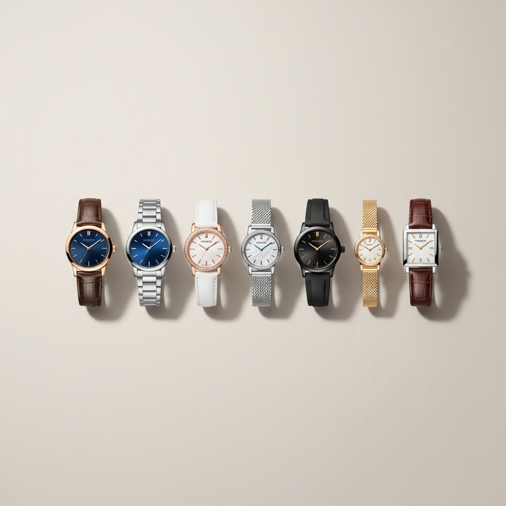 “A premium studio photo of elegant men’s and women’s watches arranged neatly on a neutral background. Soft shadows, minimal style, no text, square format, luxury e-commerce category image.”