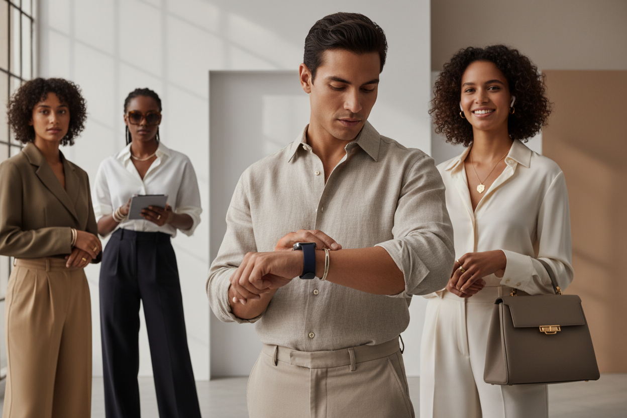 “Create a high-quality, modern lifestyle image for an international e-commerce brand called Luxvera.
Show a stylish composition with people using smart electronics (smart watches, earbuds), wearing jewelry, and showcasing fashion accessories.
Include minimal, elegant background with soft lighting.
The vibe should be premium, clean, unisex, and international.
Perfect for an About Us page hero section, mobile-friendly, conveying innovation, style, and luxury.”