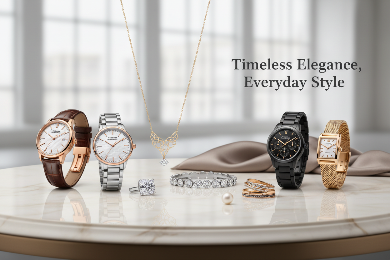 “Create a luxurious hero banner for Luxvera’s watches and jewelry collection. Show elegant men’s and women’s watches, bracelets, necklaces, and rings in a high-end lifestyle setting. Minimal background, premium aesthetic, international audience. Include placeholder text: ‘Timeless Elegance, Everyday Style’.”