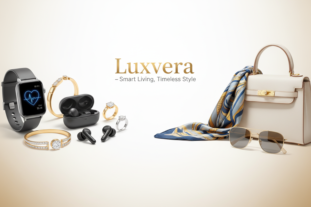 “Create a premium, modern hero banner for an international e-commerce store called Luxvera. Show electronics (smart watches, earbuds), jewelry (bracelets, rings), and fashion accessories (scarves, bags) together in a stylish composition. Minimalist background, clean, luxury feel. Include placeholder text: ‘Luxvera – Smart Living, Timeless Style’. The image should be mobile-friendly, high-quality, and premium.”