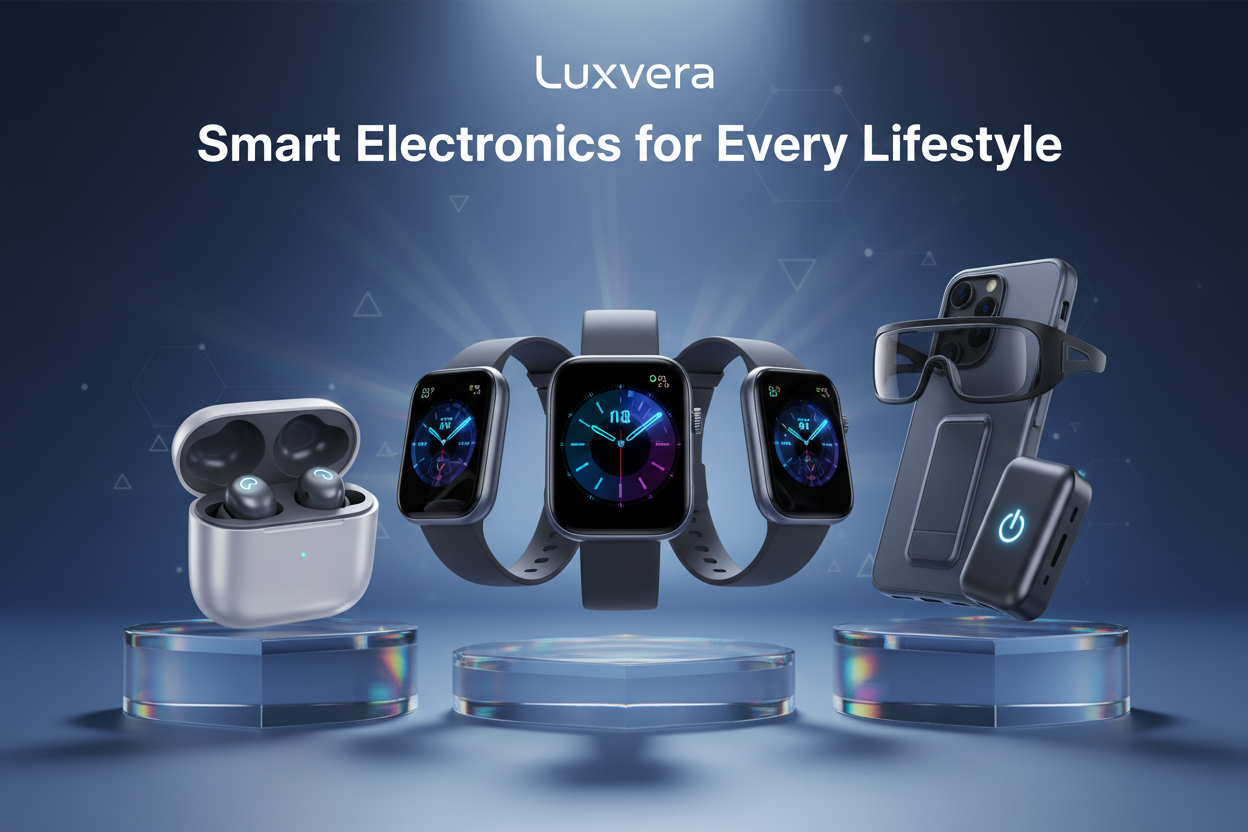 “Hero banner for Luxvera electronics category. Display smart watches, wireless earbuds, phone gadgets in a futuristic, premium tech setting. Minimalist, modern background with a clean, international vibe. Include placeholder text: ‘Smart Electronics for Every Lifestyle’.”