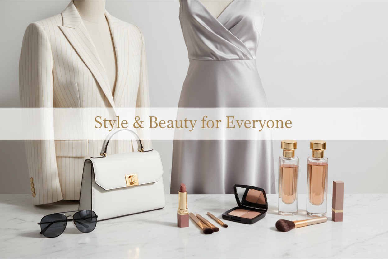 “Hero banner for Luxvera fashion and beauty category. Display stylish apparel, accessories, and beauty products in a clean, minimalist composition. Elegant, premium look for both men and women. Include placeholder text: ‘Style & Beauty for Everyone’. Mobile-friendly and international-ready.”